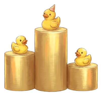 Gold podium with first, second, and third place winner ducks